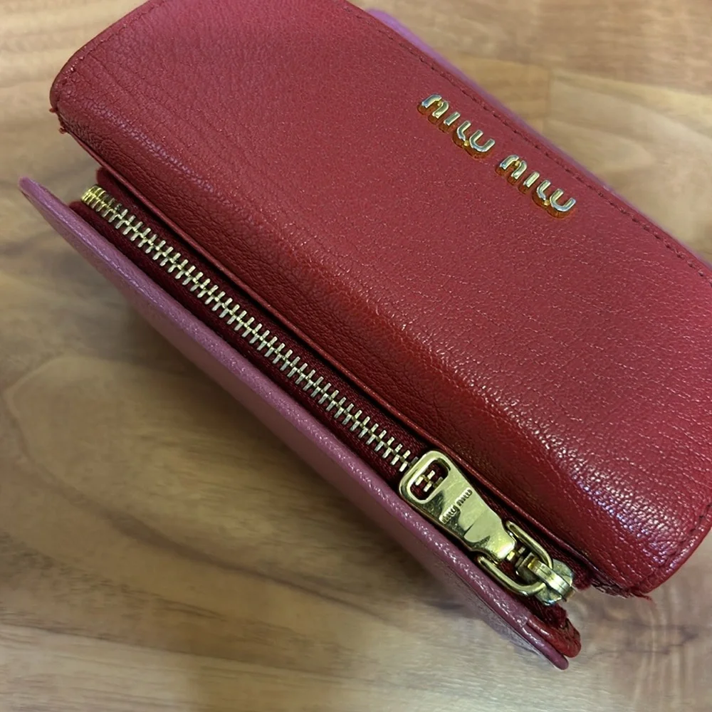Authentic Miu Miu Goatskin Madras Bicolor Flap Wallet Fuoco Bruyere